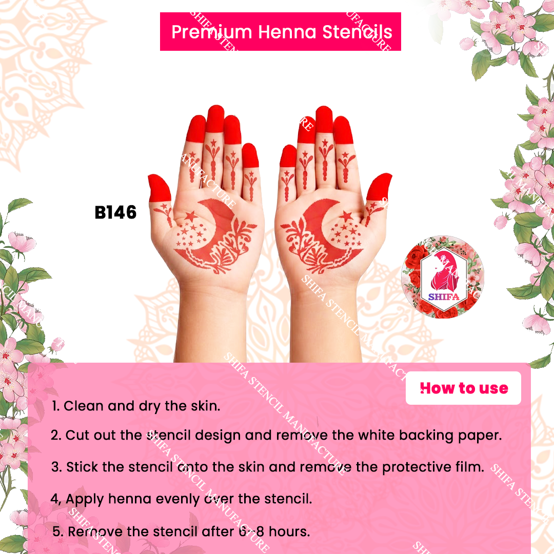 B146 (age 5 to 10) Starry Blossom Crescent Glow Double Hand Henna Stencil